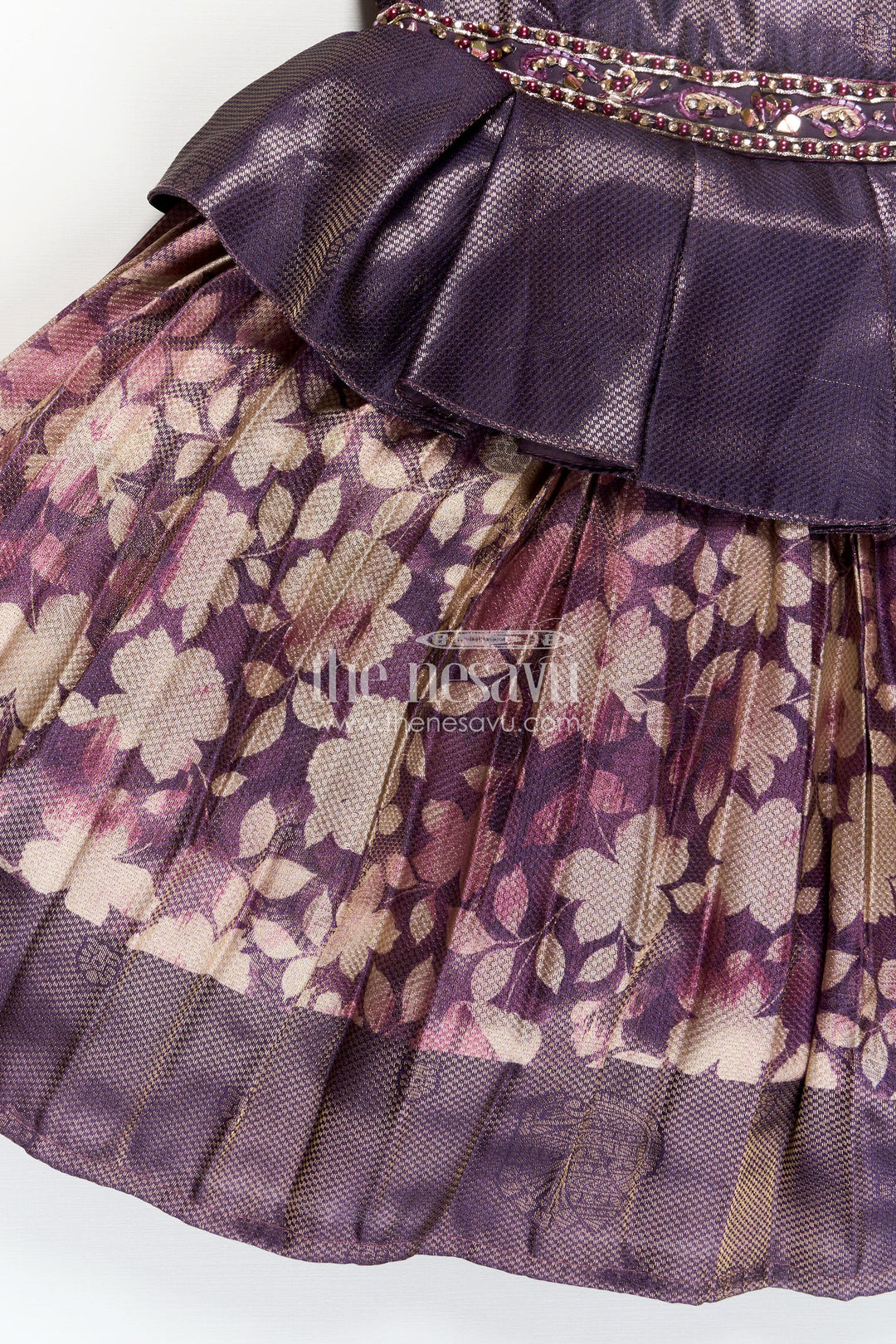 Girls Digital Printed Banarasi Jacquard Silk Frock with Peplum Waist in Simple Silk Frock Design