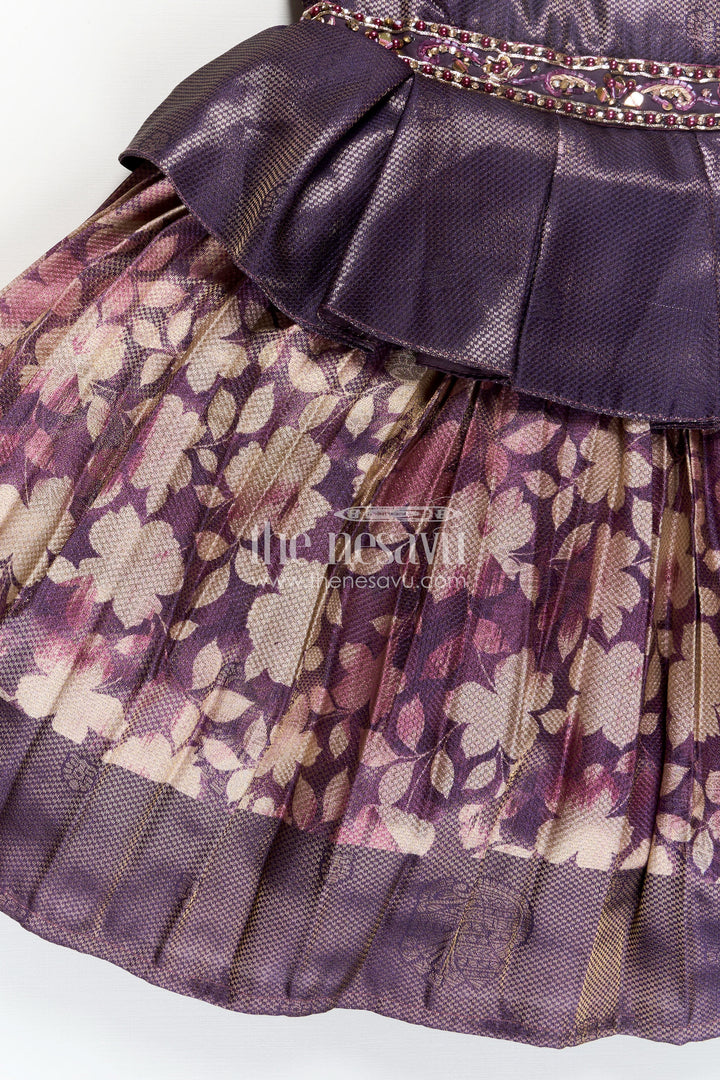 Girls Digital Printed Banarasi Jacquard Silk Frock with Peplum Waist in Simple Silk Frock Design