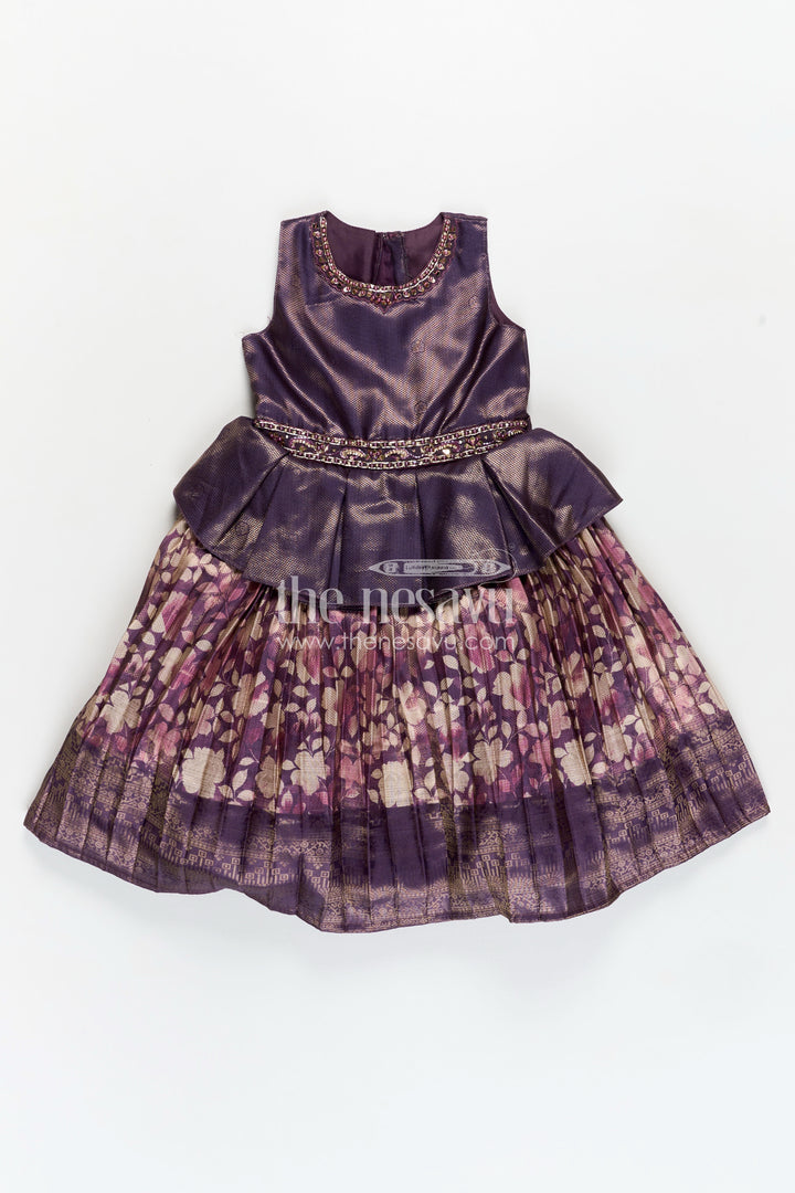 Girls Banarasi Jacquard Silk Full Frock with Gathers and Embellished Neckline in Silk Full Frocks Style