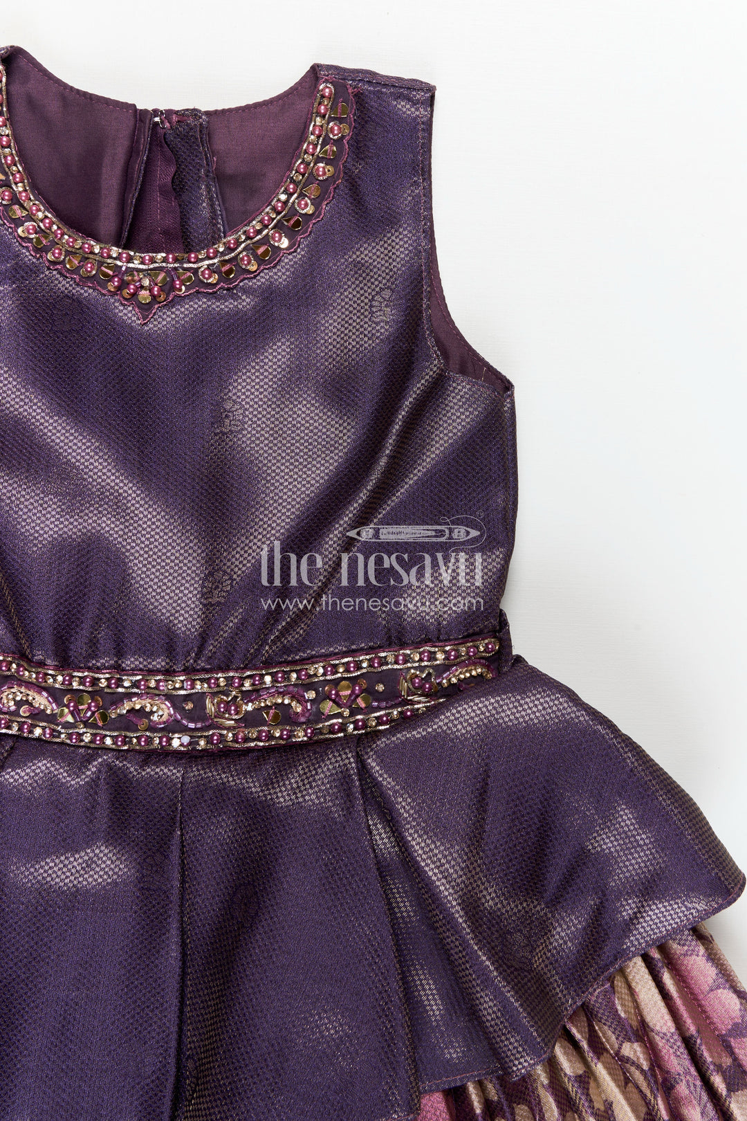 Girls Banarasi Jacquard Silk Full Frock with Gathers and Embellished Neckline in Silk Full Frocks Style