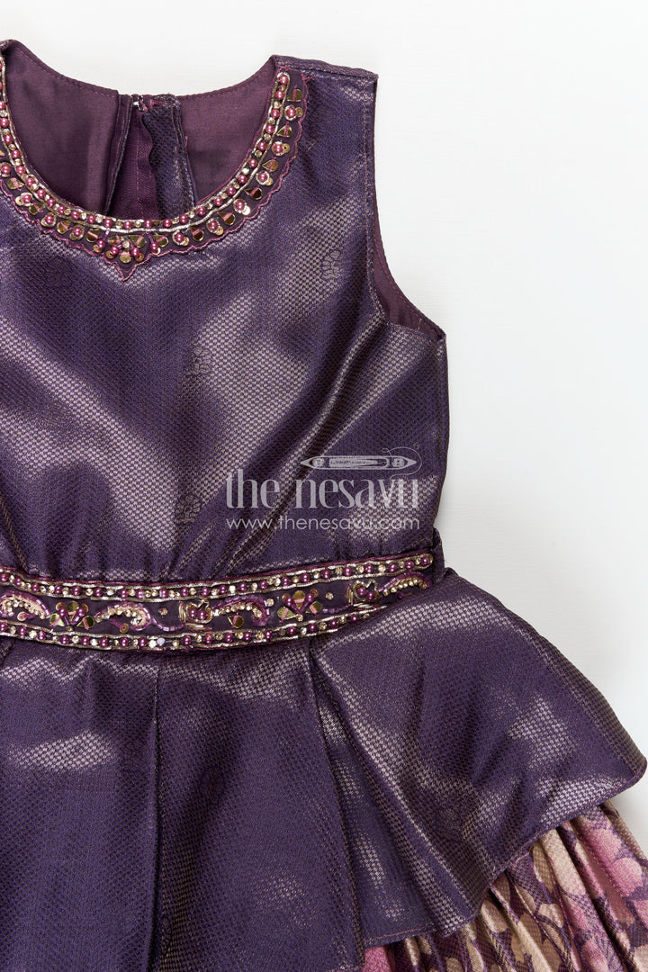 Girls Banarasi Jacquard Silk Full Frock with Gathers and Embellished Neckline in Silk Full Frocks Style