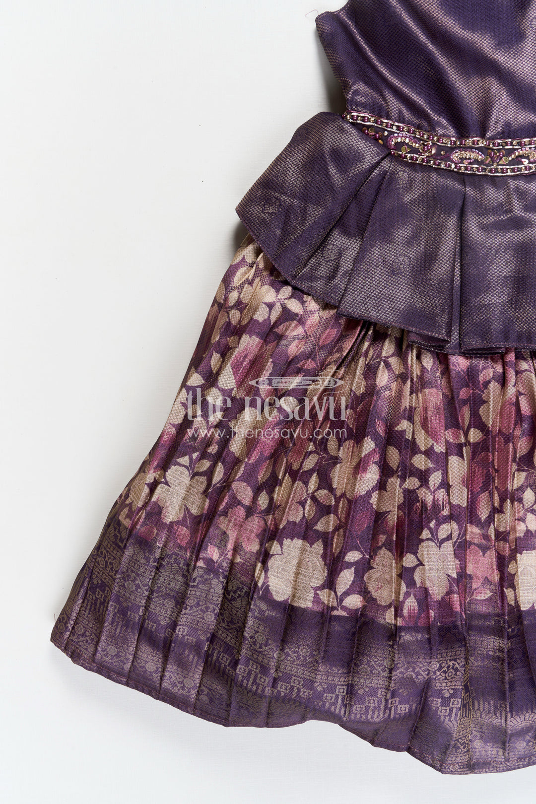 Girls Banarasi Jacquard Silk Full Frock with Gathers and Embellished Neckline in Silk Full Frocks Style