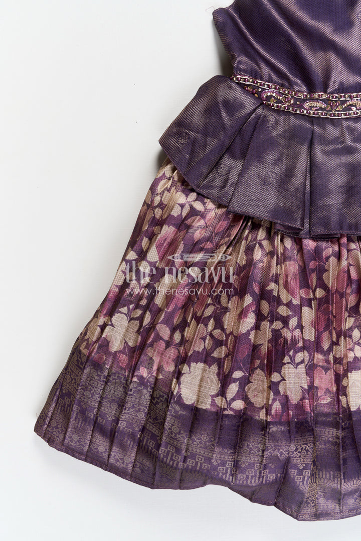 Girls Banarasi Jacquard Silk Full Frock with Gathers and Embellished Neckline in Silk Full Frocks Style