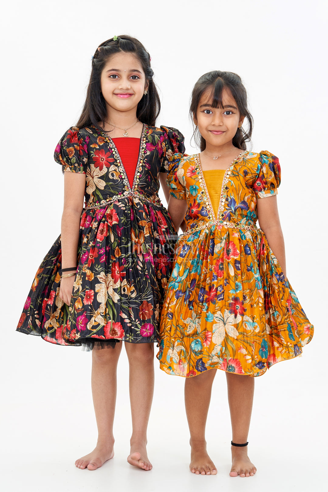 Girls Silk Kapde Ki Frock with Floral Chinon Digital Print and Embellished Neckline for Festive Wear