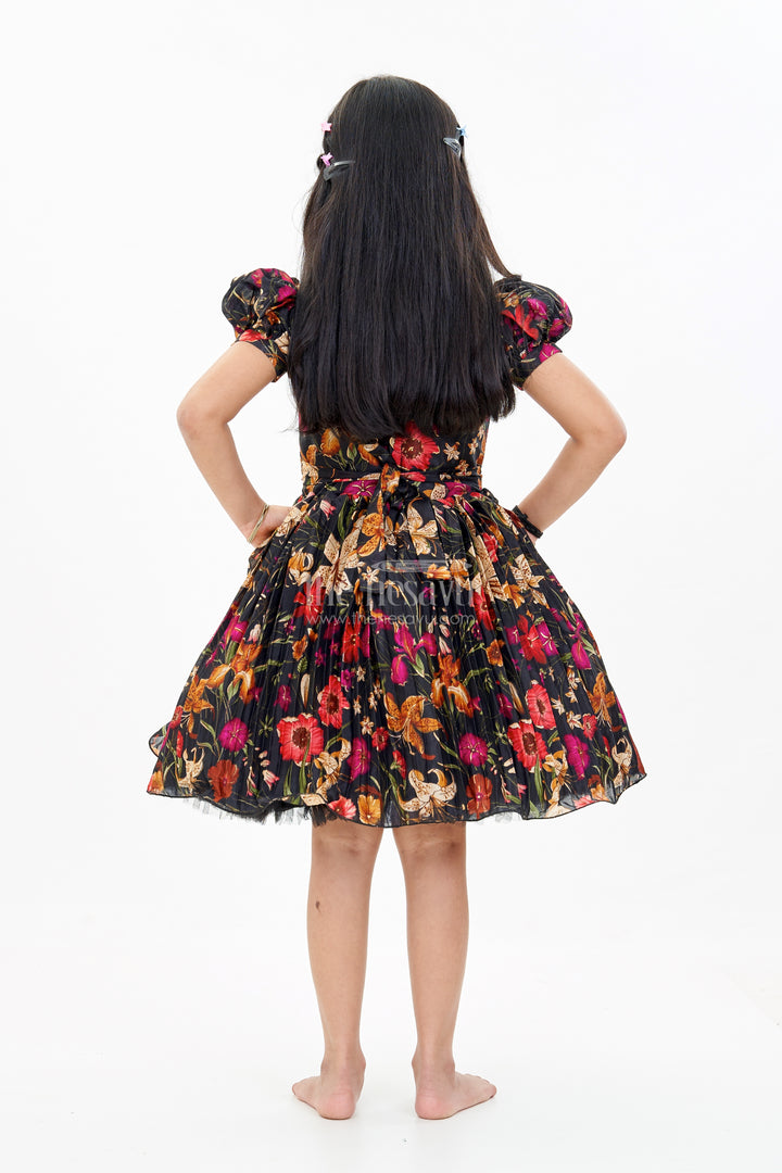 Girls Silk Kapde Ki Frock with Floral Chinon Digital Print and Embellished Neckline for Festive Wear