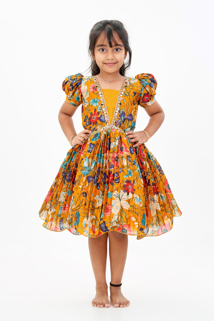 Girls Short Anarkali Frock with Chinon Digital Floral Print and Embellished V-Neckline for Elegant Style