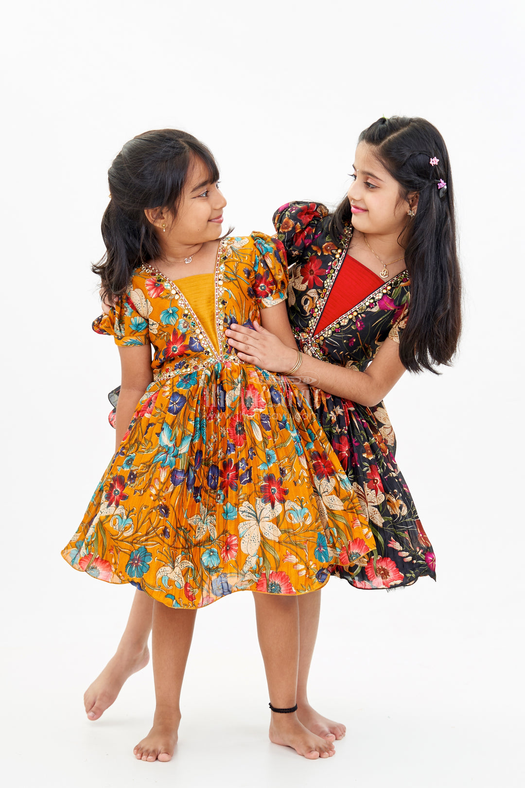 Girls Short Anarkali Frock with Chinon Digital Floral Print and Embellished V-Neckline for Elegant Style