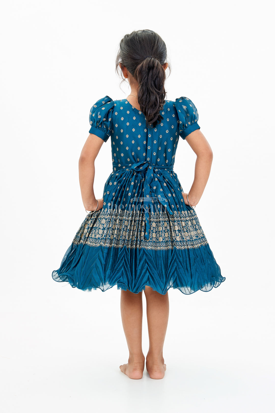 Girls Silk Ke Frock with Gold Embroidered Borders and Puff Sleeves for a Regal Look