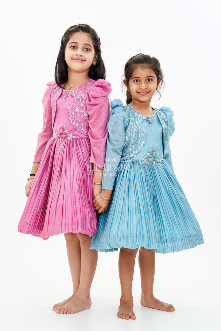 Girls Full Frock Dress for Reception with Sequin Jacket and Pleated Flared Skirt for a Grand Look