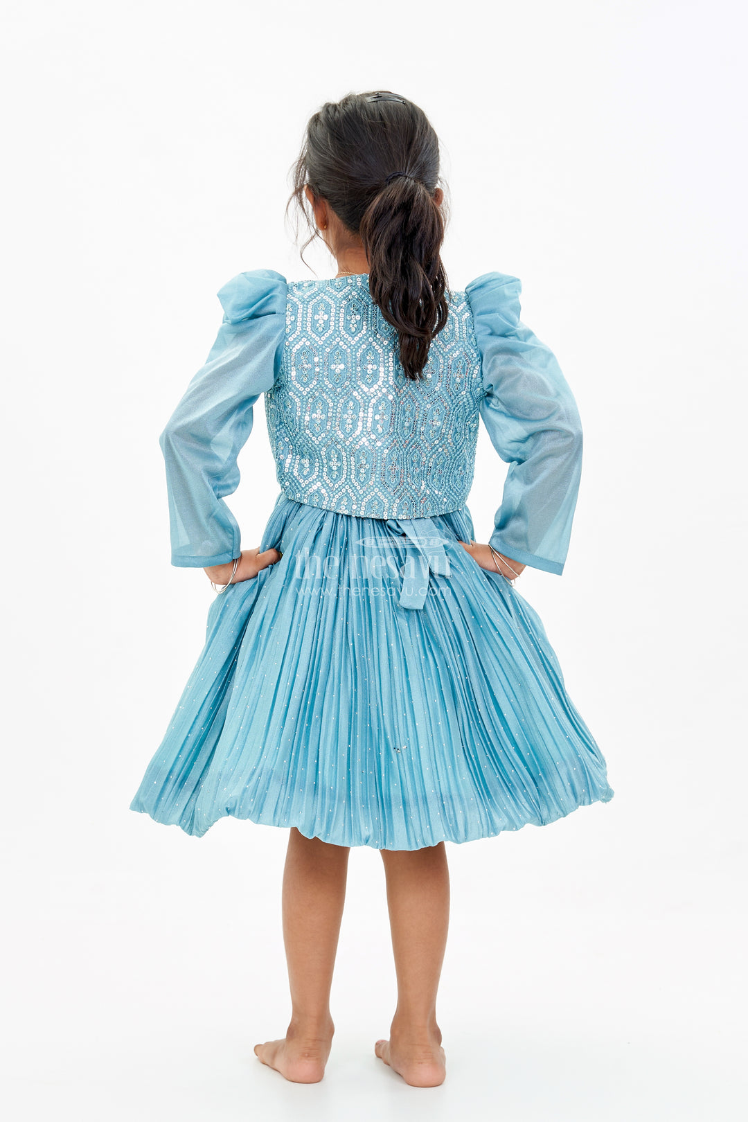 Girls Full Frock Dress for Reception with Sequin Jacket and Pleated Flared Skirt for a Grand Look
