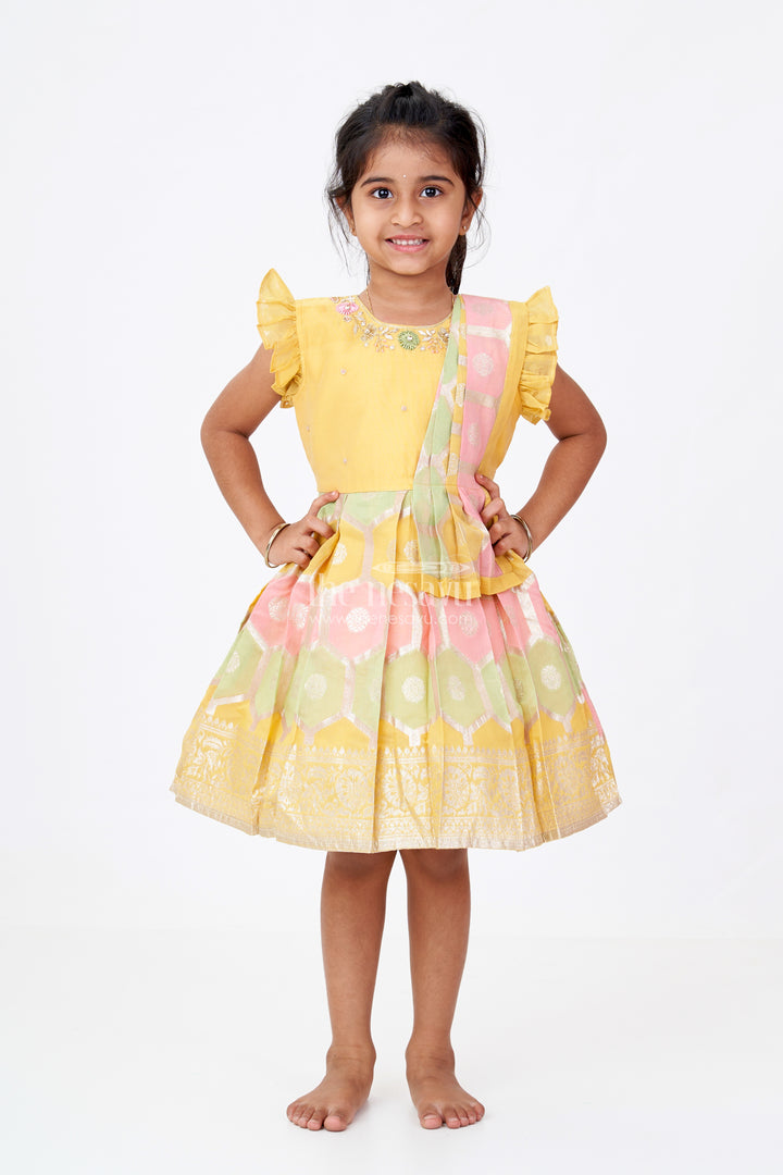 Girls Traditional Silk Saree Frock with Embroidery and Ruffled Sleeves for Festive Wear