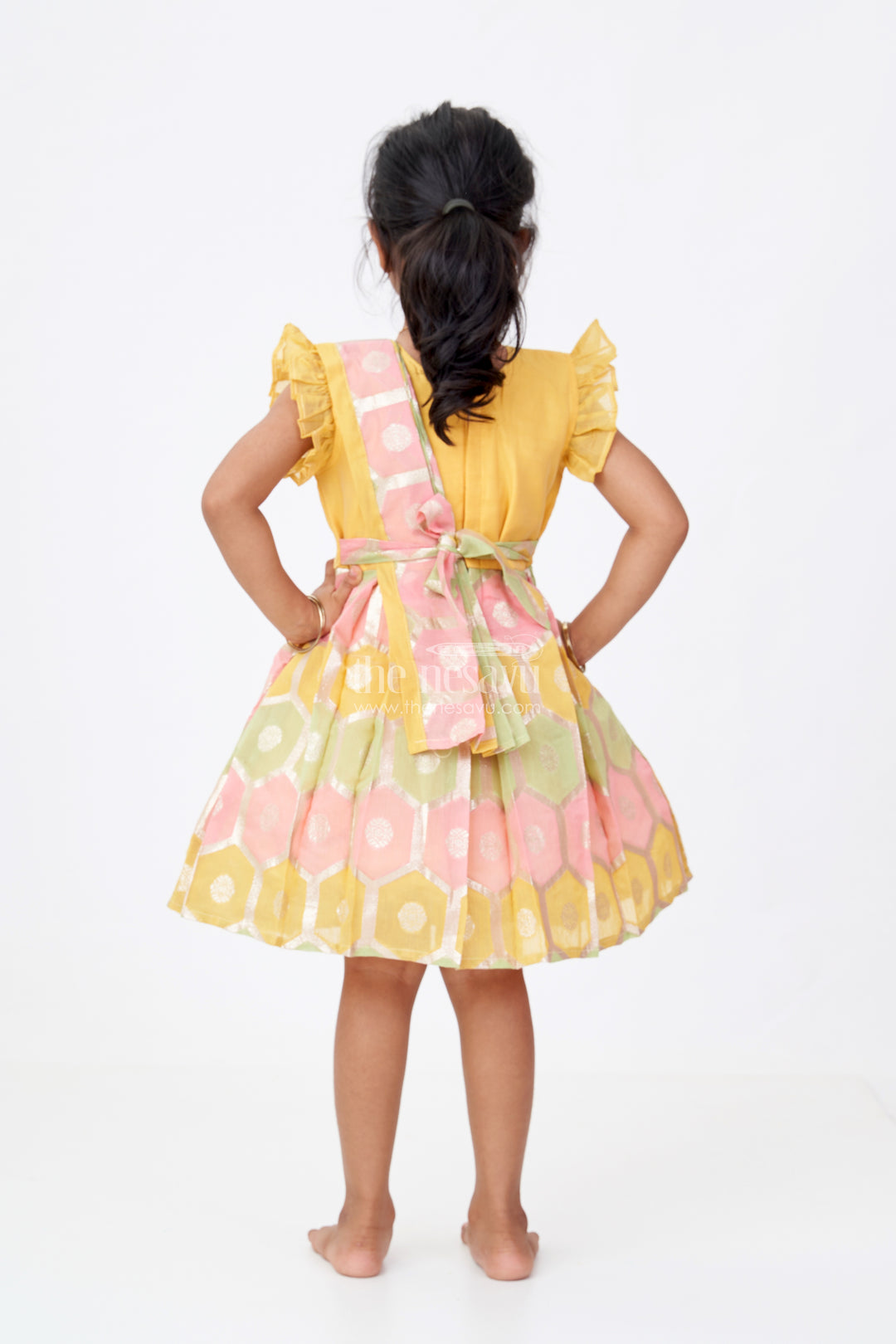 Girls Traditional Silk Saree Frock with Embroidery and Ruffled Sleeves for Festive Wear