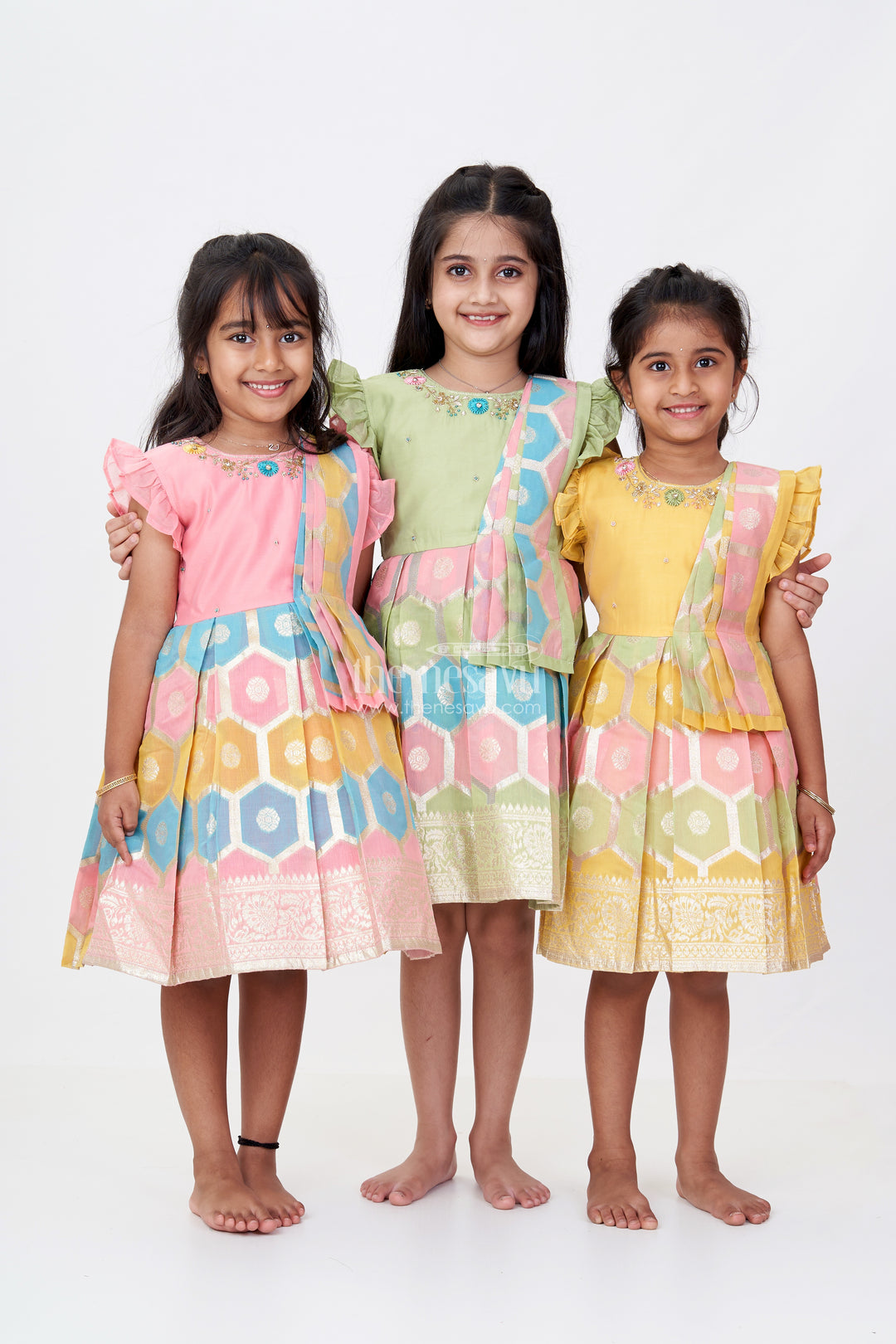 Girls Traditional Silk Saree Frock with Embroidery and Ruffled Sleeves for Festive Wear