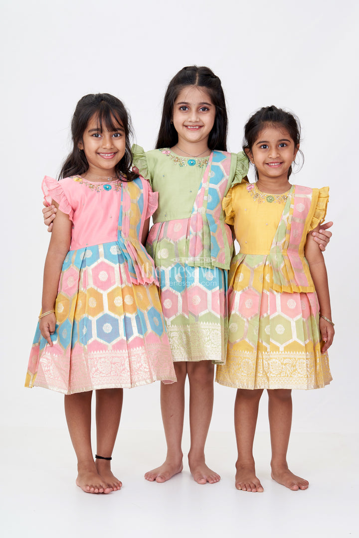 Girls Traditional Silk Saree Frock with Embroidery and Ruffled Sleeves for Festive Wear