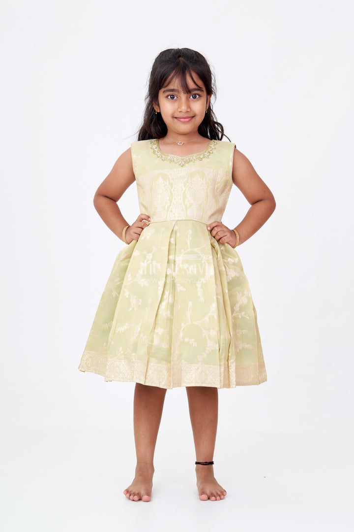 Girls Silk Short Frock with Embroidered Neckline and Pleated Skirt for Party Wear