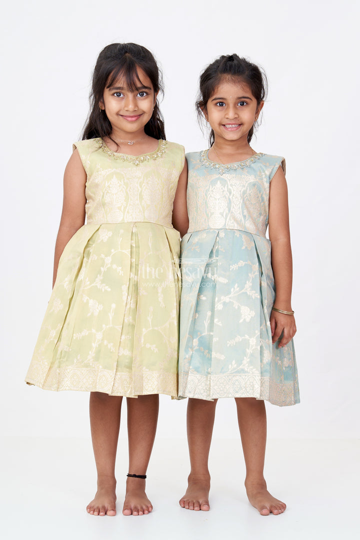 Girls Silk Short Frock with Embroidered Neckline and Pleated Skirt for Party Wear