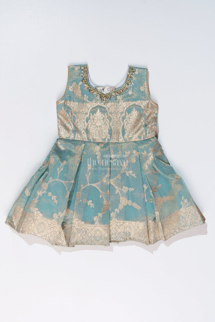 Graceful Girls Blue Silk Frock in Banarasi Jacquard with Gold Zari Patterns