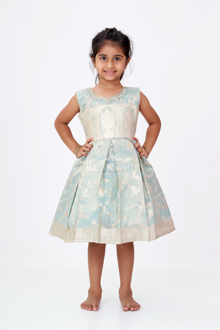 Graceful Girls Blue Silk Frock in Banarasi Jacquard with Gold Zari Patterns