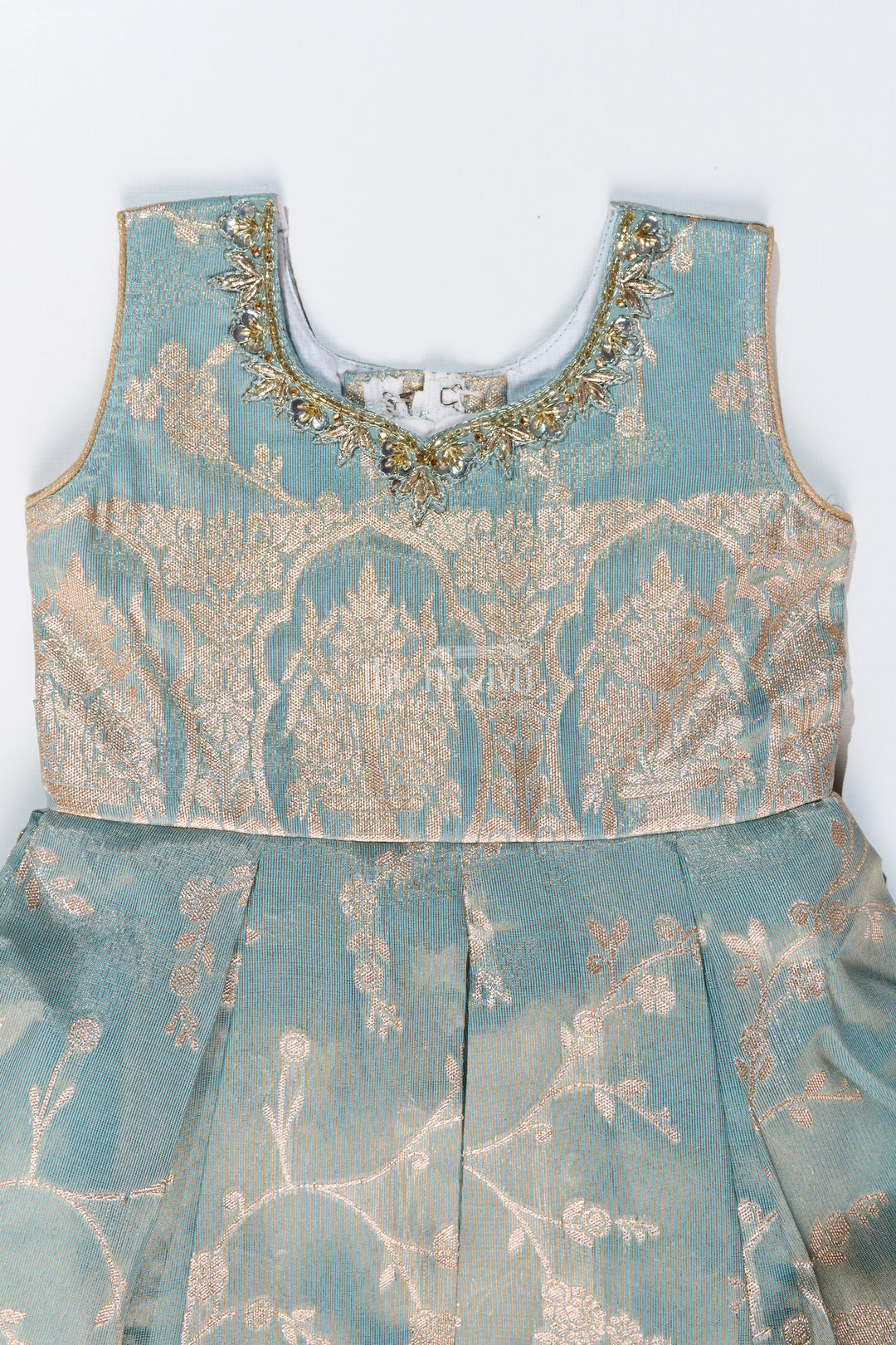 Graceful Girls Blue Silk Frock in Banarasi Jacquard with Gold Zari Patterns