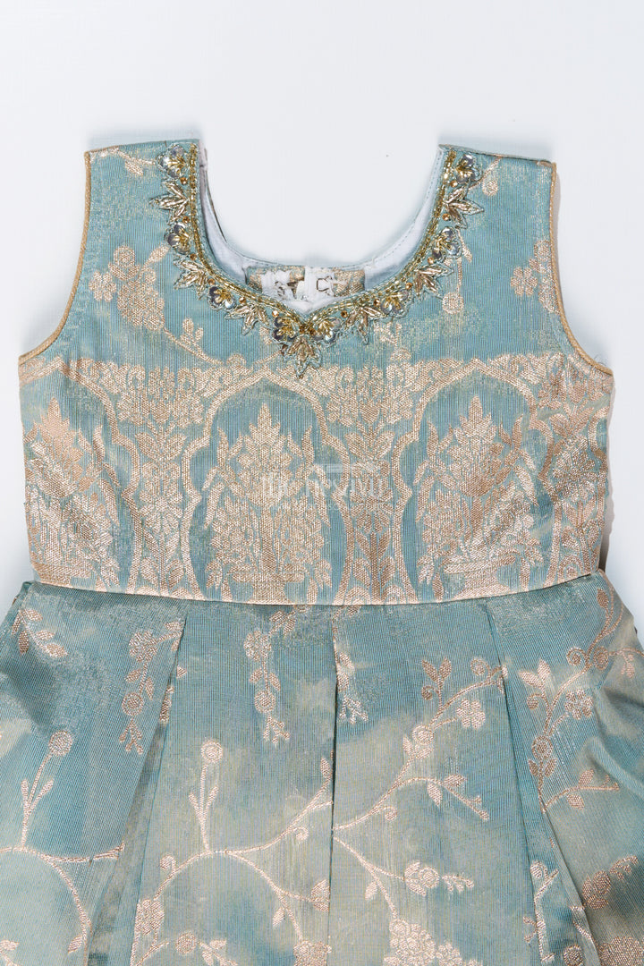 Graceful Girls Blue Silk Frock in Banarasi Jacquard with Gold Zari Patterns