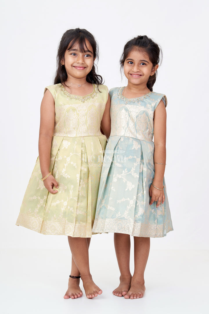 Graceful Girls Blue Silk Frock in Banarasi Jacquard with Gold Zari Patterns
