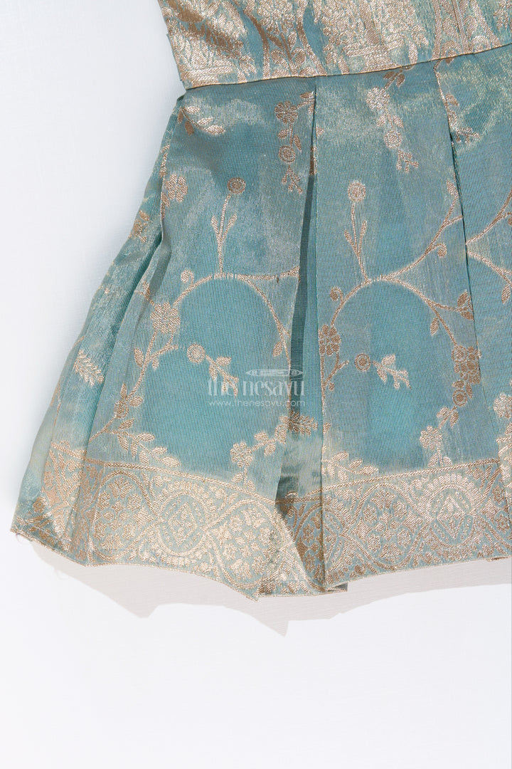 Graceful Girls Blue Silk Frock in Banarasi Jacquard with Gold Zari Patterns