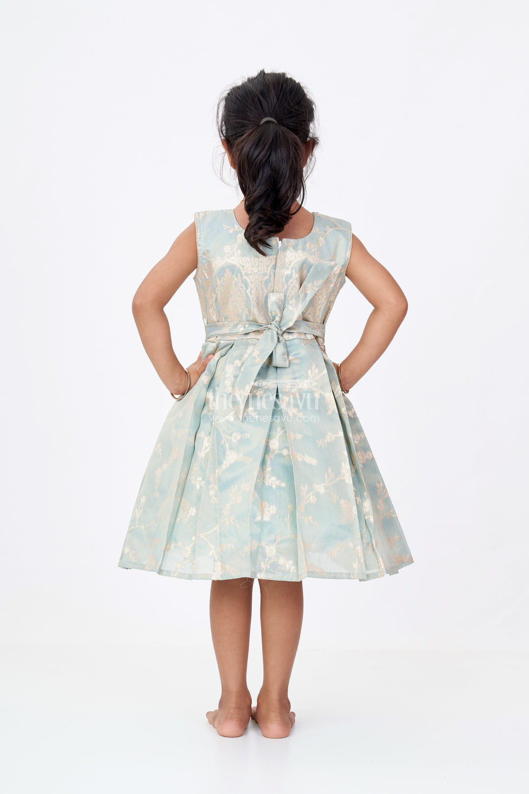 Graceful Girls Blue Silk Frock in Banarasi Jacquard with Gold Zari Patterns