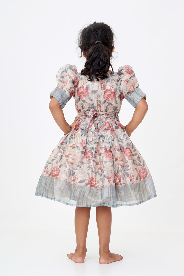 Girls Satin Silk Frock in Floral Gold Tissue with Puff Sleeves and Ombre Shaded Hemline