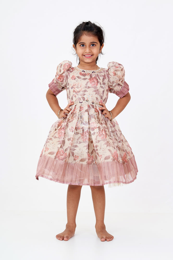 Girls Crimson Silk Dress in Gold Tissue Fabric with Vintage Rose Print and Beaded Waistline