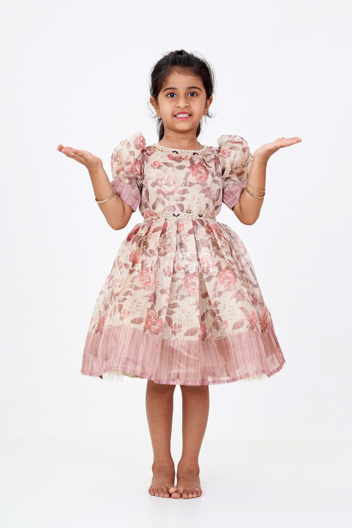Girls Crimson Silk Dress in Gold Tissue Fabric with Vintage Rose Print and Beaded Waistline