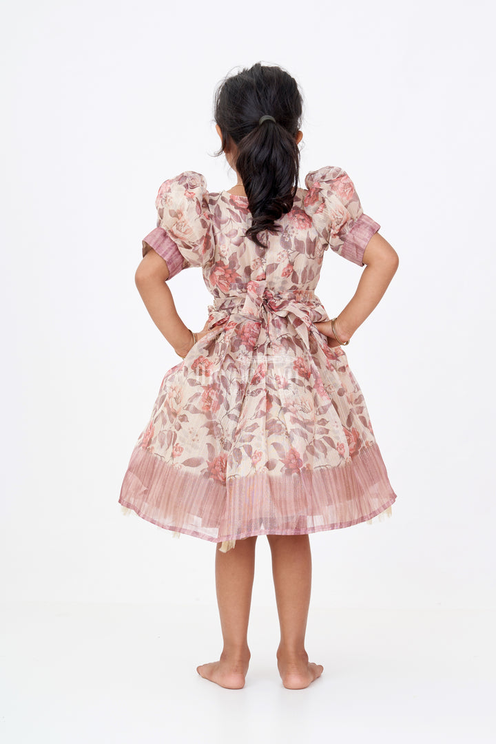 Girls Crimson Silk Dress in Gold Tissue Fabric with Vintage Rose Print and Beaded Waistline