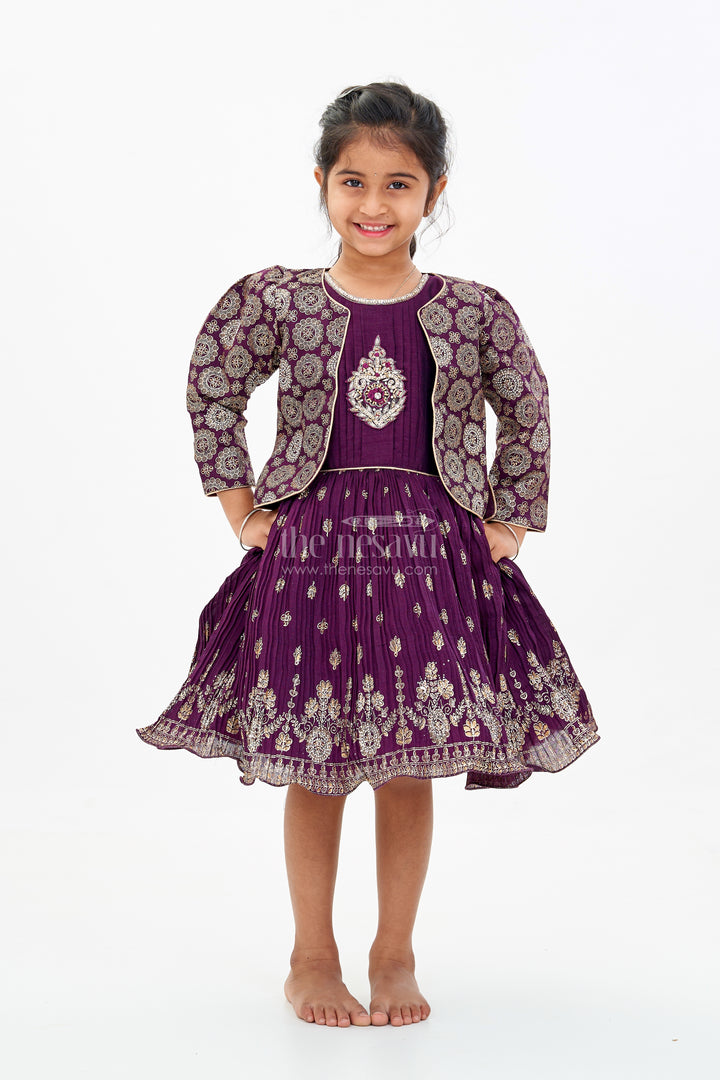 Charming Girls Purple Silk Dress with Gold Foil Prints and Elegant Embroidery