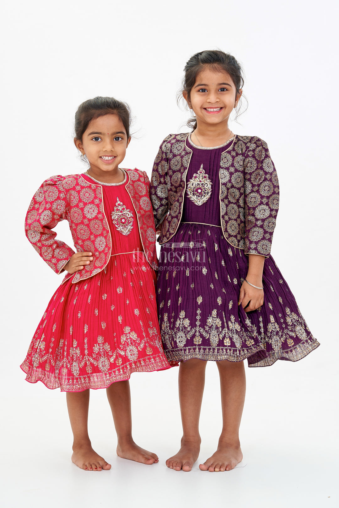 Charming Girls Purple Silk Dress with Gold Foil Prints and Elegant Embroidery