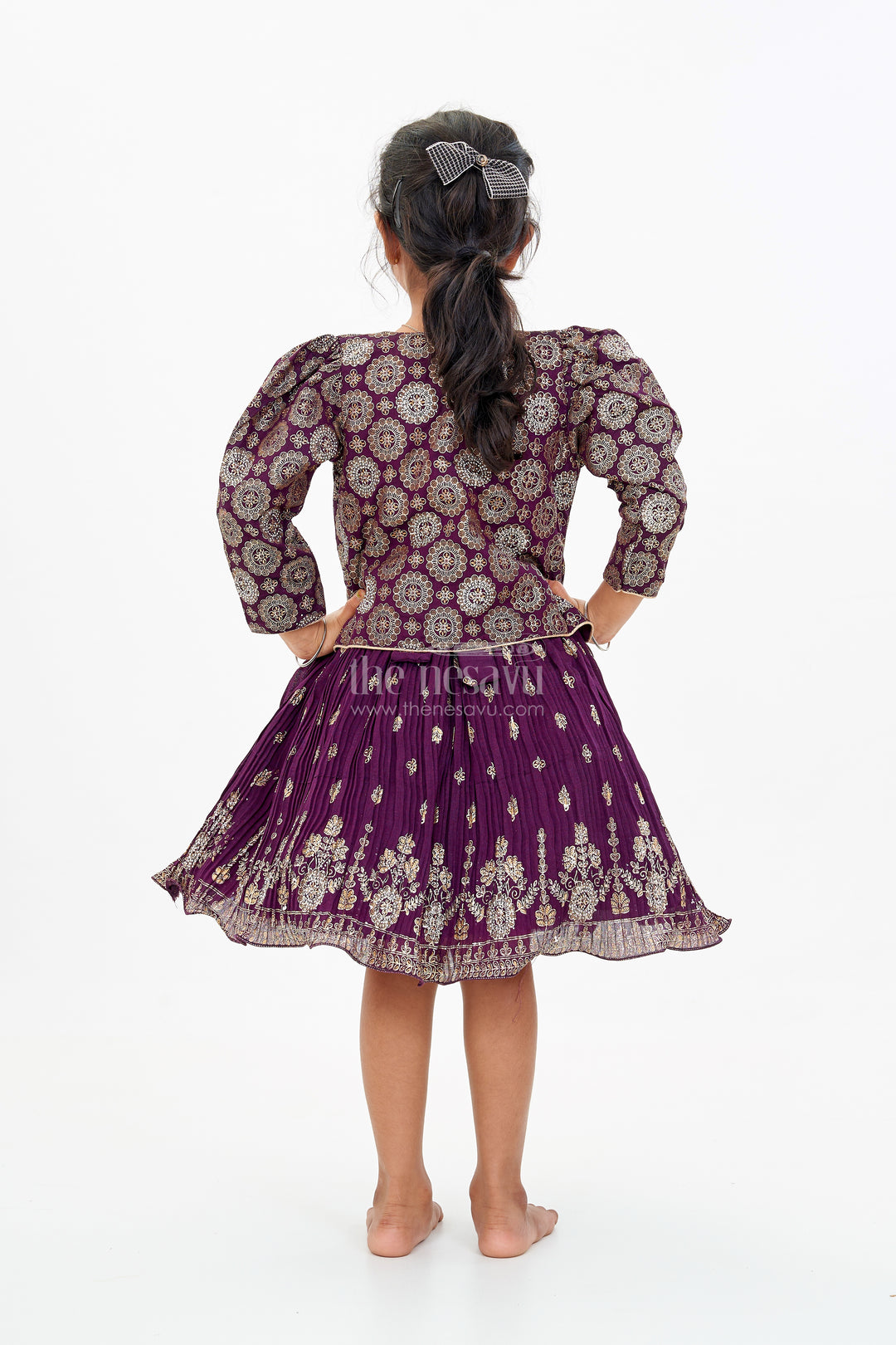 Charming Girls Purple Silk Dress with Gold Foil Prints and Elegant Embroidery