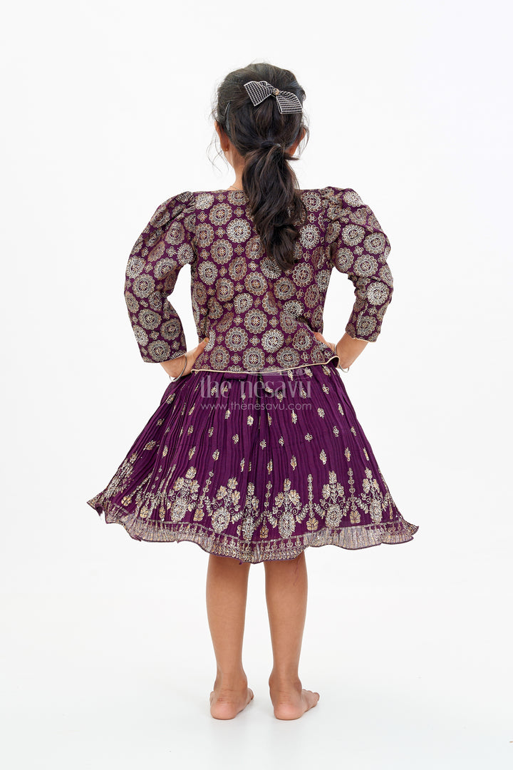 Charming Girls Purple Silk Dress with Gold Foil Prints and Elegant Embroidery
