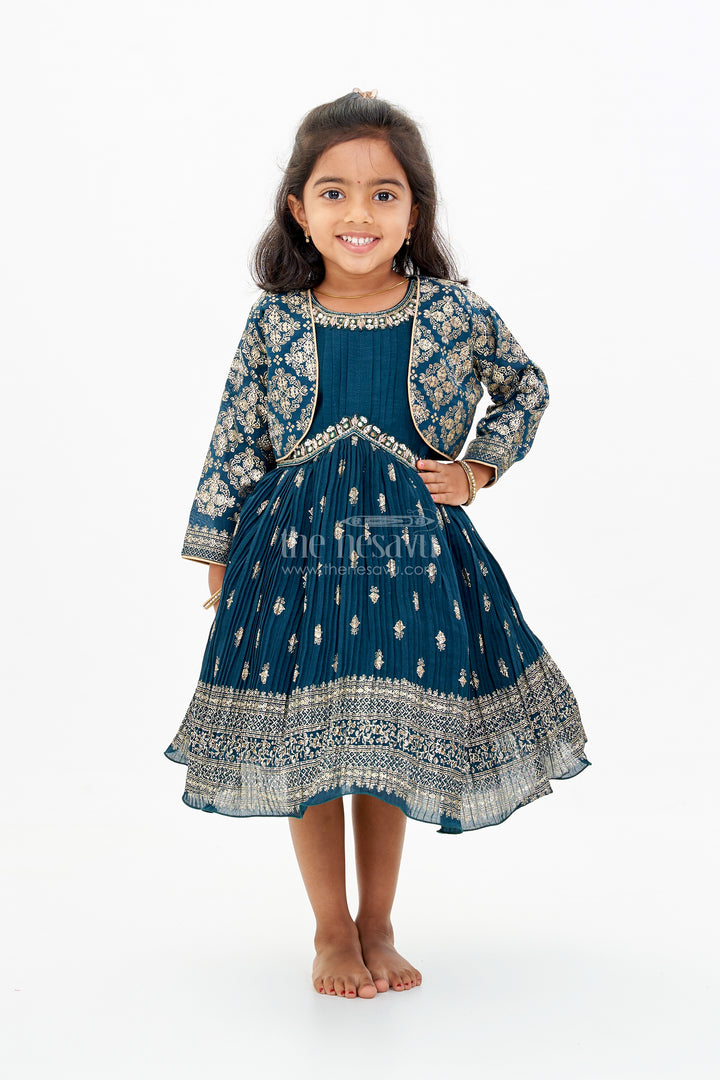 Graceful Girls Green Silk Dress with Gold Foil Prints and Traditional Embellished Yoke