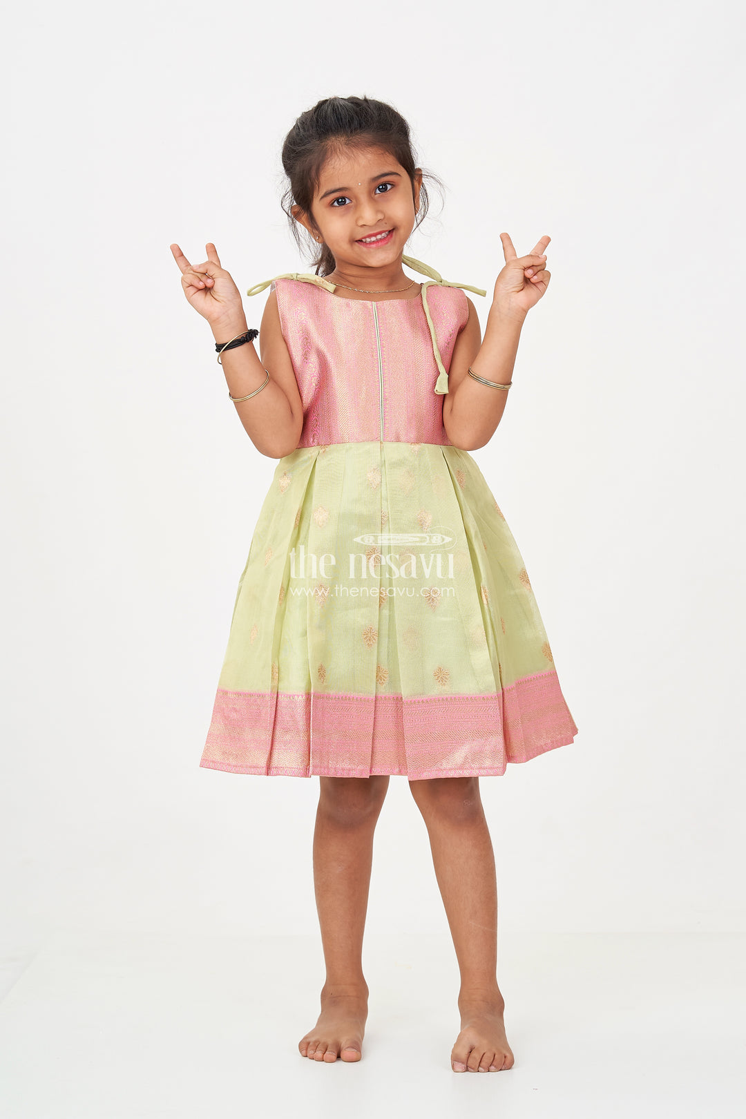 Charming Girls Simple Silk Frock in Gold Tissue Banarasi Jacquard with Dual-Tone Design