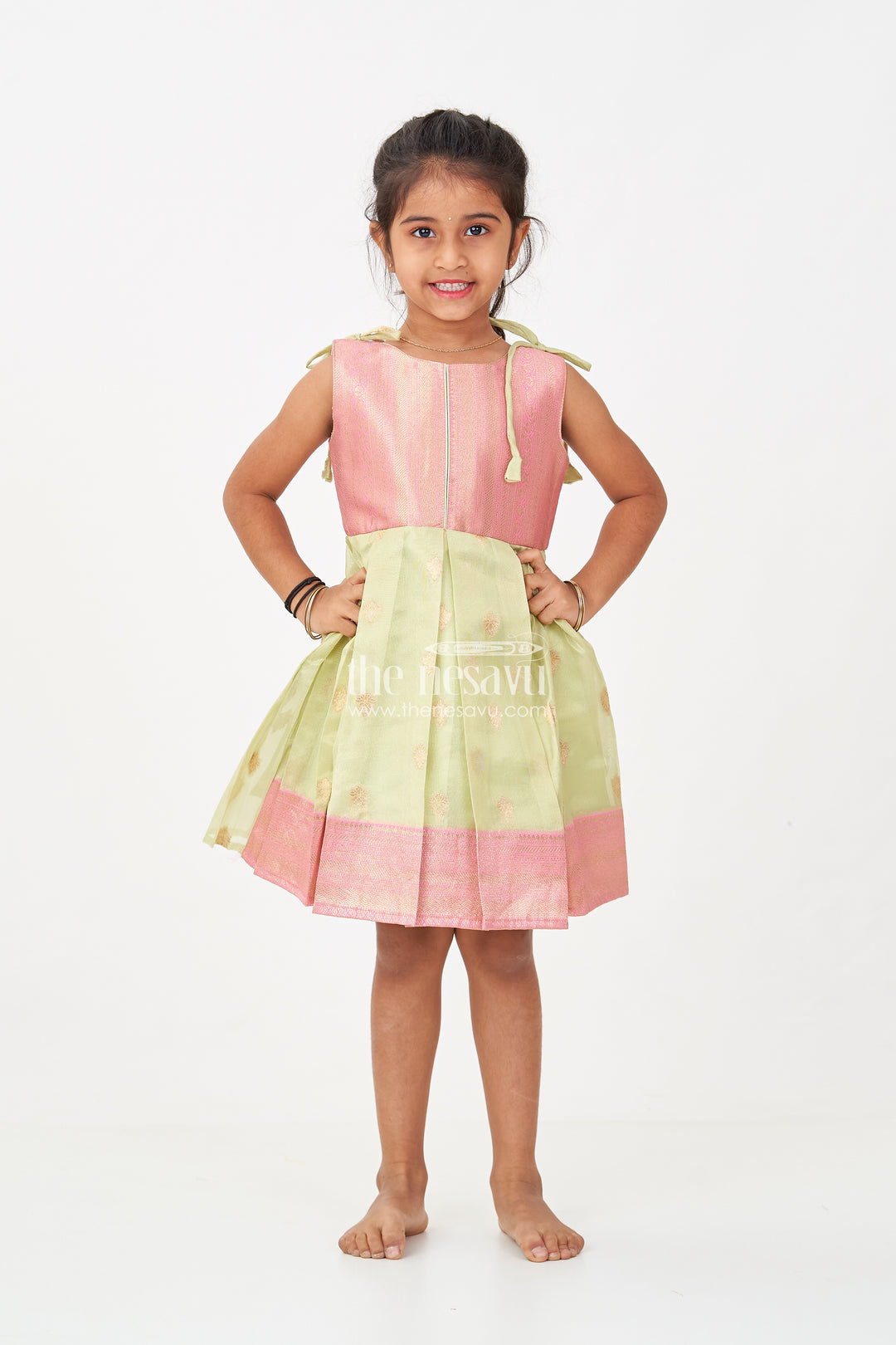 Charming Girls Simple Silk Frock in Gold Tissue Banarasi Jacquard with Dual-Tone Design