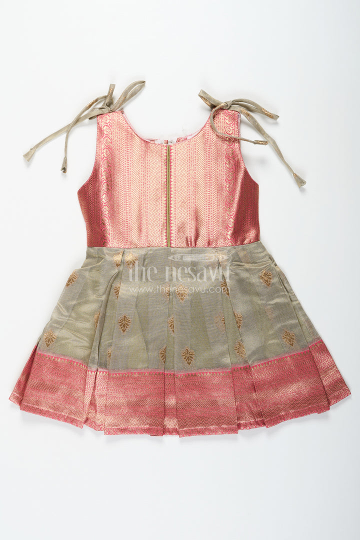 Ethnic Frock for Baby Girls in Banarasi Jacquard Gold Tissue Silk with Traditional Pleated Design