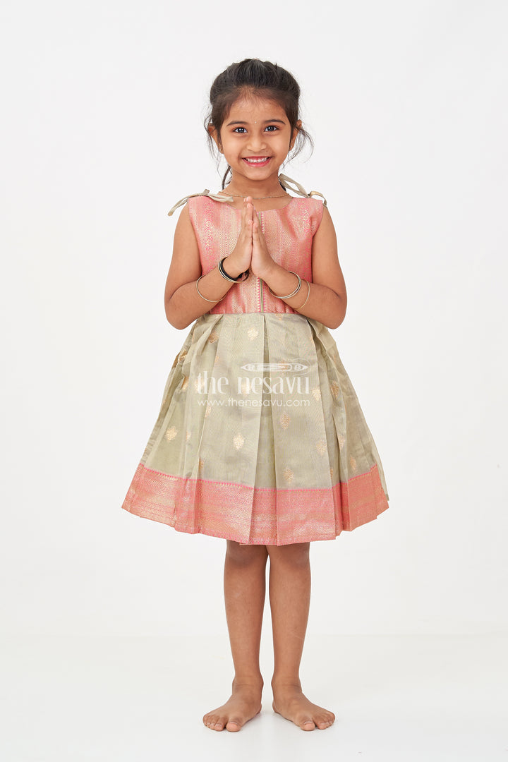 Ethnic Frock for Baby Girls in Banarasi Jacquard Gold Tissue Silk with Traditional Pleated Design