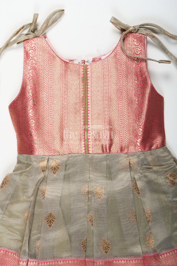 Ethnic Frock for Baby Girls in Banarasi Jacquard Gold Tissue Silk with Traditional Pleated Design
