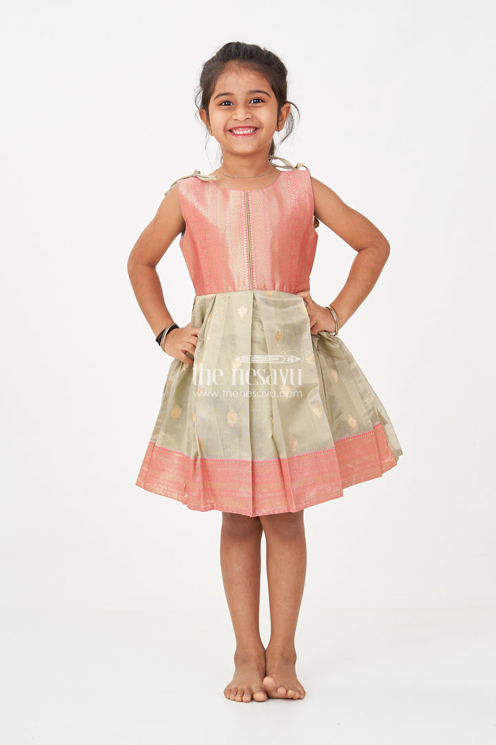 Ethnic Frock for Baby Girls in Banarasi Jacquard Gold Tissue Silk with Traditional Pleated Design