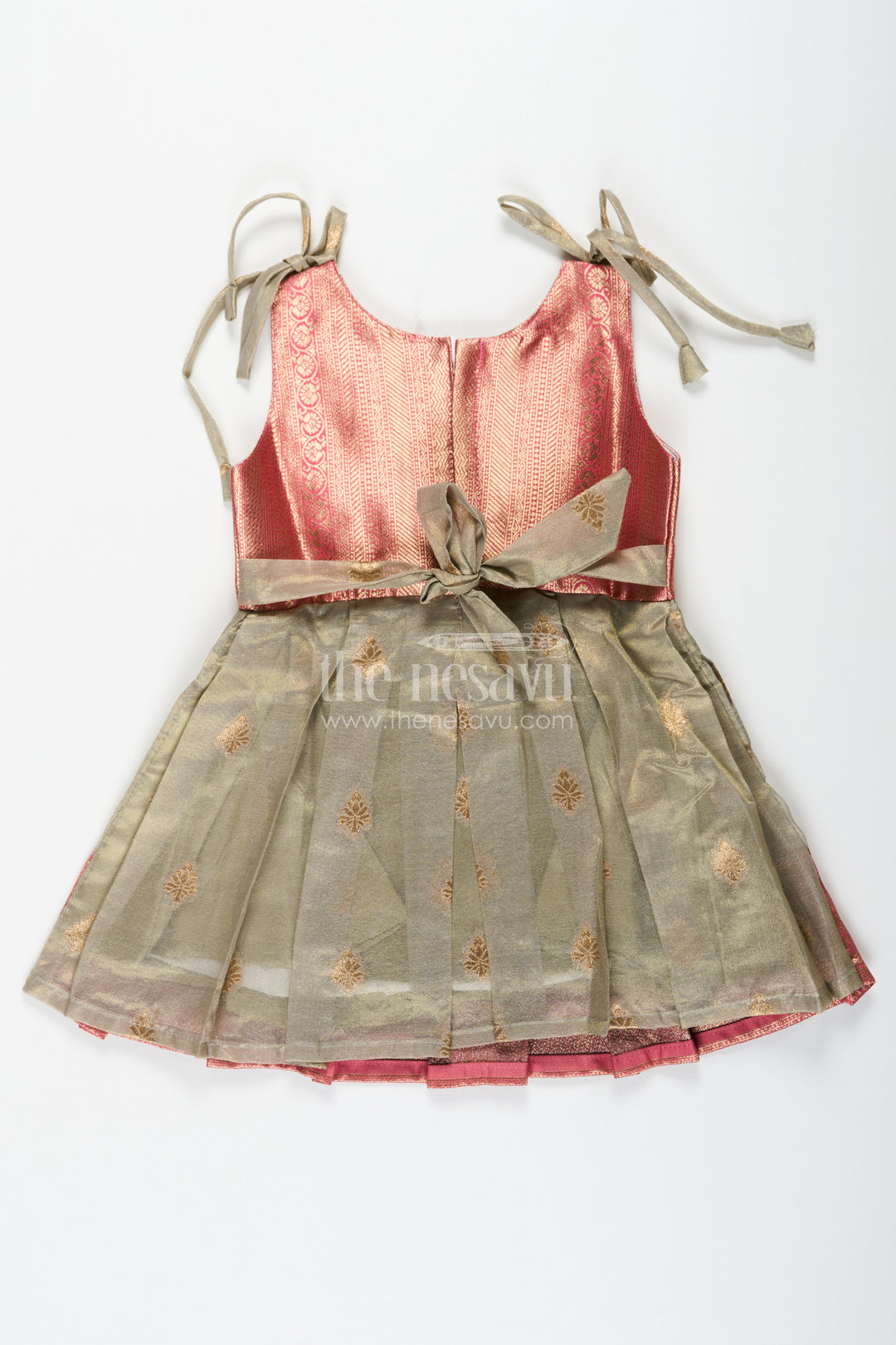 Ethnic Frock for Baby Girls in Banarasi Jacquard Gold Tissue Silk with Traditional Pleated Design