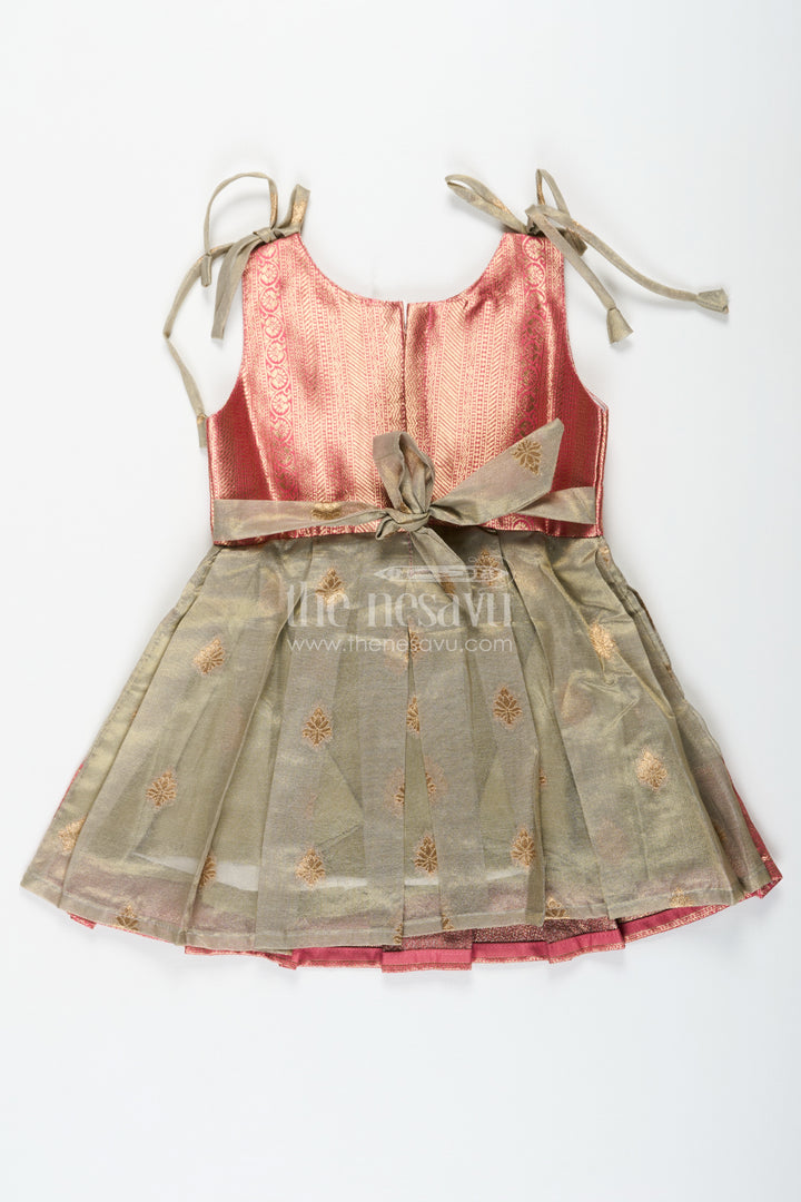 Ethnic Frock for Baby Girls in Banarasi Jacquard Gold Tissue Silk with Traditional Pleated Design