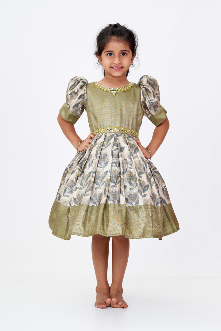 Girls Long Silk Frock with Jacquard Floral Digital Print and Elegant Puff Sleeves for Timeless Style