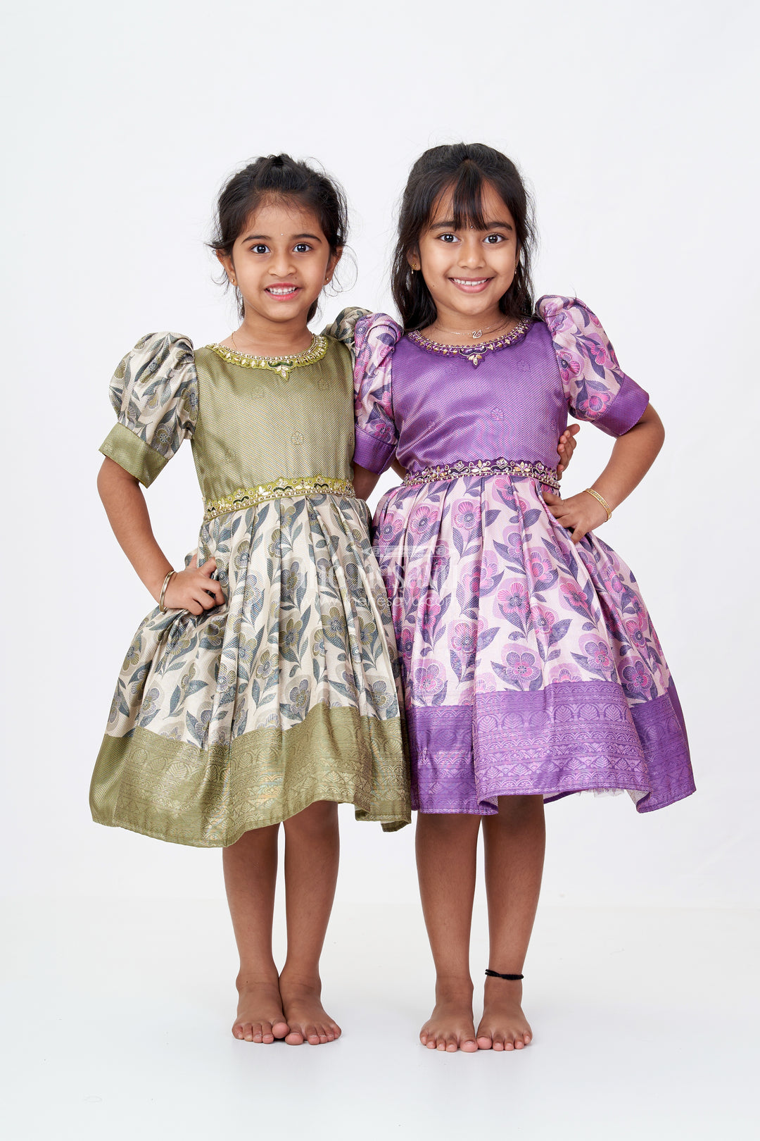 Girls Long Silk Frock with Jacquard Floral Digital Print and Elegant Puff Sleeves for Timeless Style
