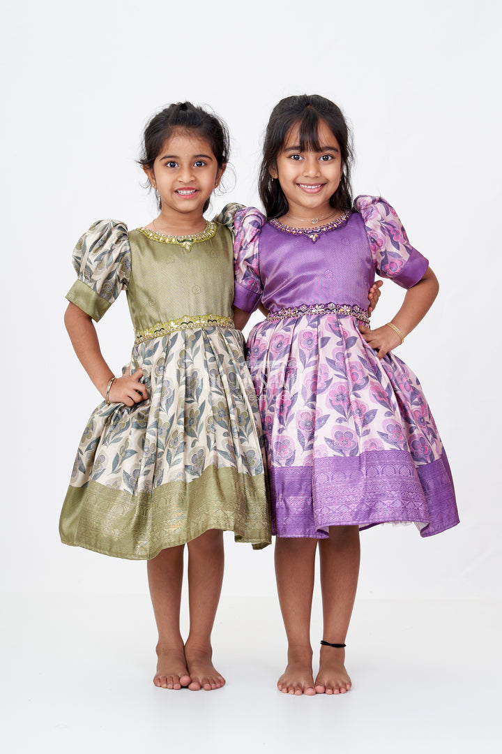 Girls Long Silk Frock with Jacquard Floral Digital Print and Elegant Puff Sleeves for Timeless Style