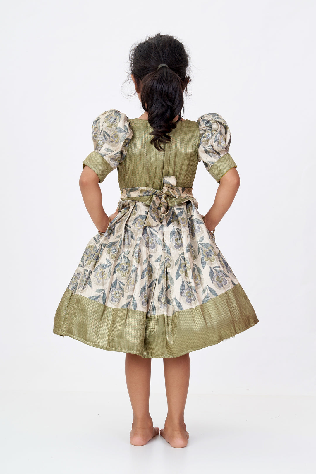 Girls Long Silk Frock with Jacquard Floral Digital Print and Elegant Puff Sleeves for Timeless Style