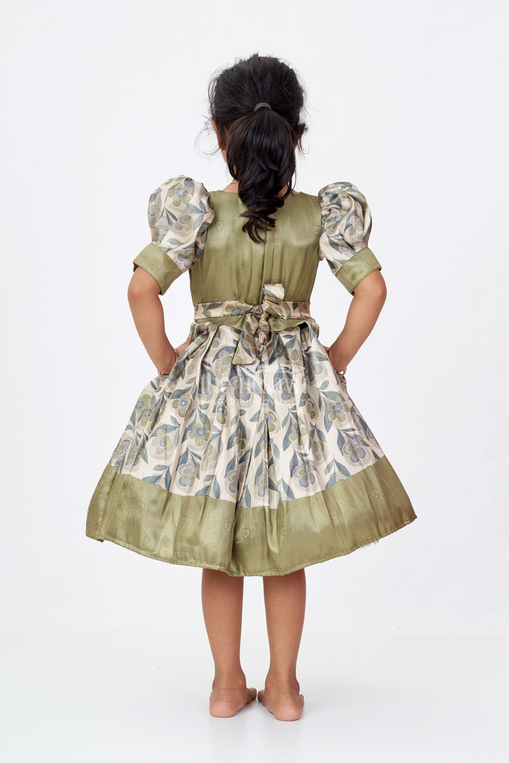 Girls Long Silk Frock with Jacquard Floral Digital Print and Elegant Puff Sleeves for Timeless Style