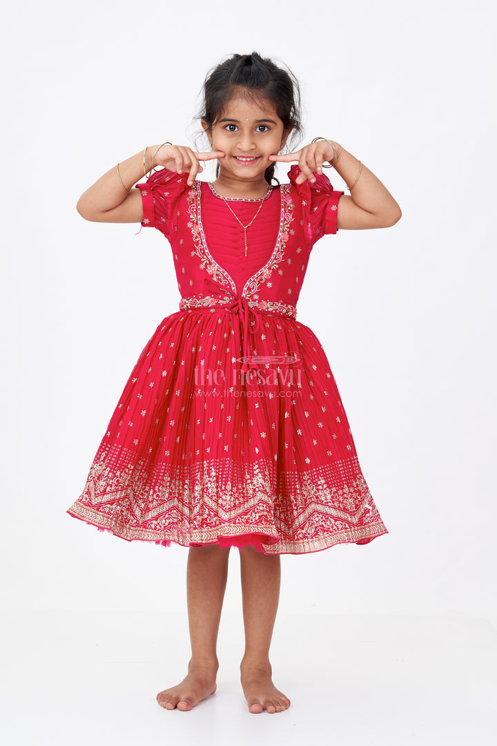 Girls Puff Sleeve Dress in Chinon Silk with Kadi Print Butta Design and Rich Embroidered Hem Border